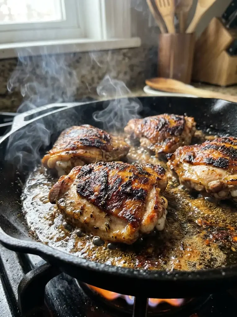 Searing marinated chipotle chicken in a cast iron skillet with visible char marks.