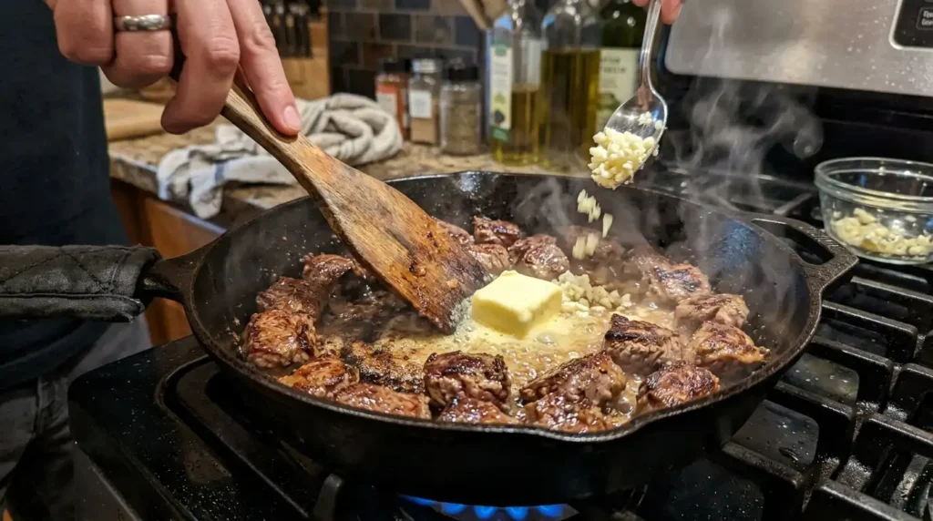 Making garlic butter sauce in a skillet with seared steak bites