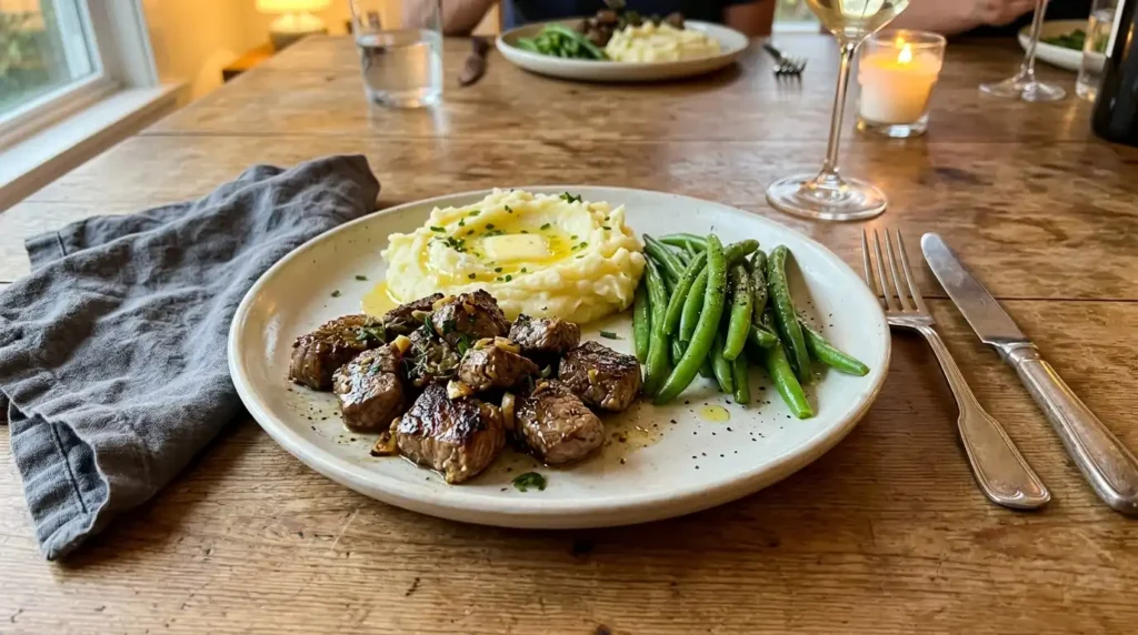 Served garlic butter steak bites with mashed potatoes and green beans on a dinner table