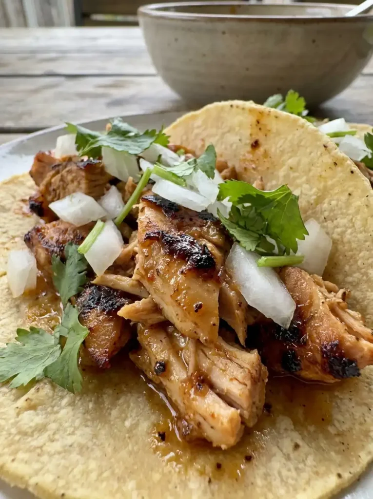 Close-up of diced copycat chipotle chicken inside a warm corn tortilla with fresh cilantro and onions.