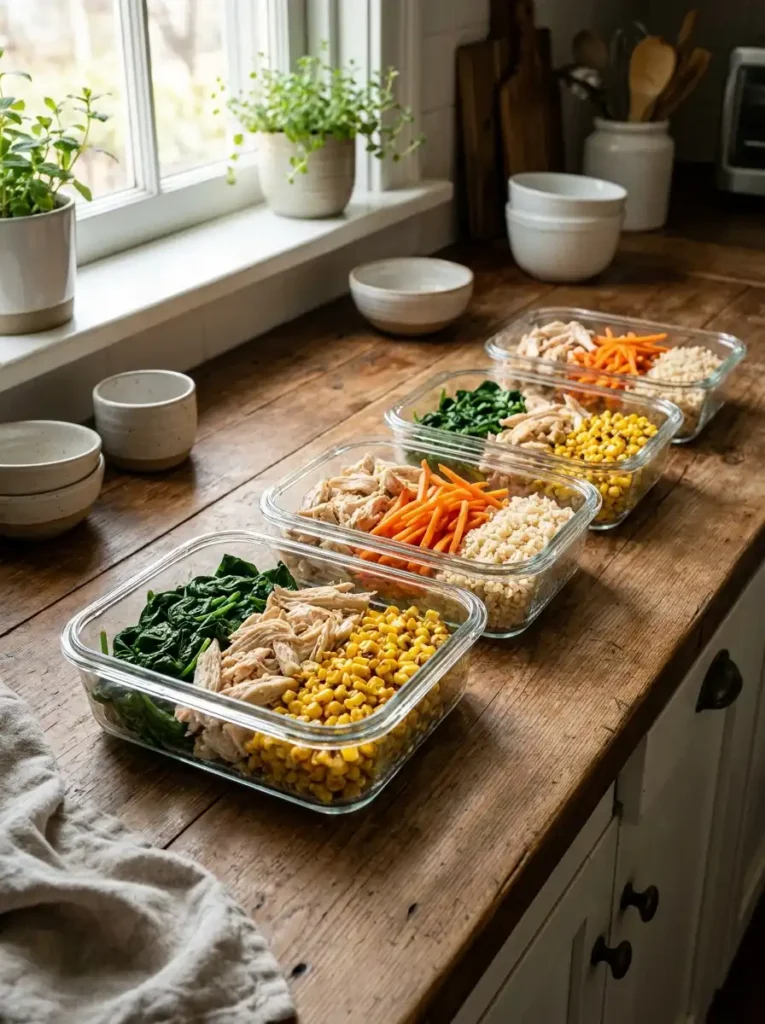 Five glass meal prep containers filled with shredded chicken and various vegetables for the week.