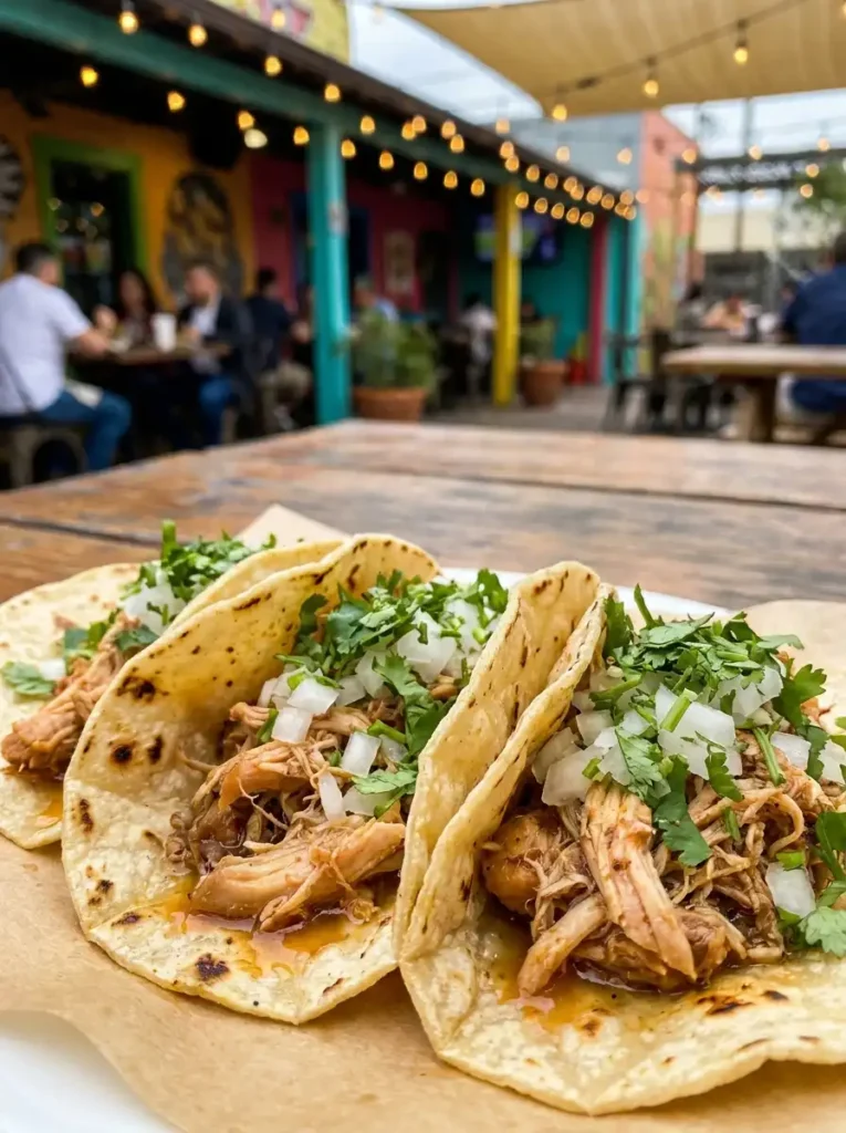 Three street-style tacos filled with seasoned shredded chicken, topped with fresh onions and cilantro.