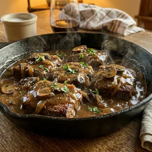 Smothered cube steak with mushroom and onion gravy in a cast iron skillet