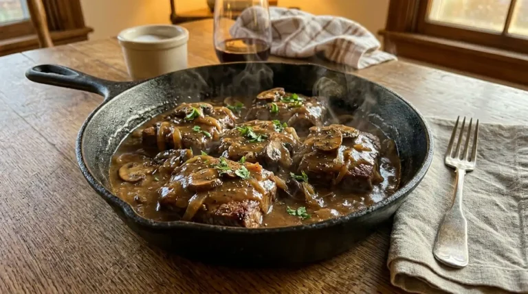 Smothered cube steak with mushroom and onion gravy in a cast iron skillet