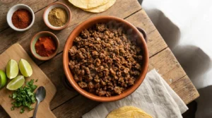 A delicious cast iron skillet of juicy taco meat recipe ground beef surrounded by fresh Mexican toppings.