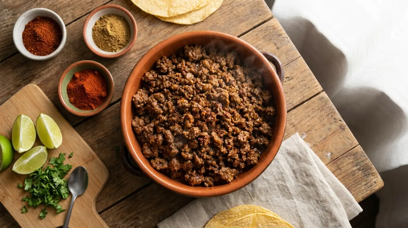 A delicious cast iron skillet of juicy taco meat recipe ground beef surrounded by fresh Mexican toppings.