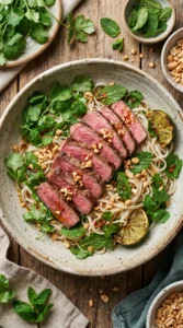 Delicious Thai steak and noodle salad with fresh herbs and peanuts