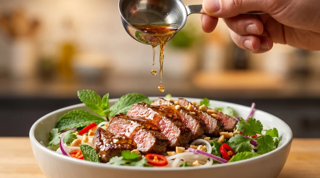 Drizzling Thai dressing over steak and noodle salad