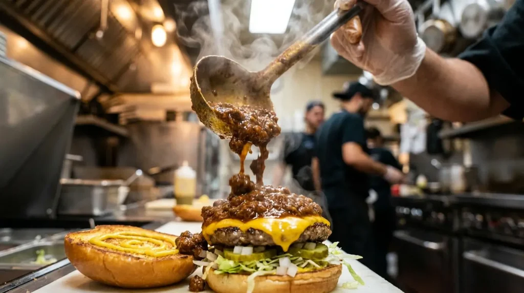 Dynamic action shot of a chef assembling a gourmet chili burger. A large metal ladle is pouring a generous scoop of thick, steaming warm beef chili directly over a cheeseburger patty resting on a mustard-spread bun with diced onions and pickles