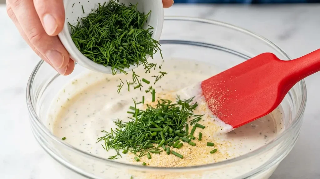Folding fresh dill, chives, and garlic seasonings into the creamy dressing base for a preservative-free parmesan ranch dip.