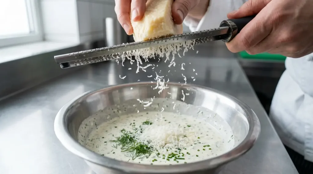 Grating fresh Parmigiano-Reggiano cheese directly into the homemade ranch dressing to ensure a safe, salmonella-free condiment.