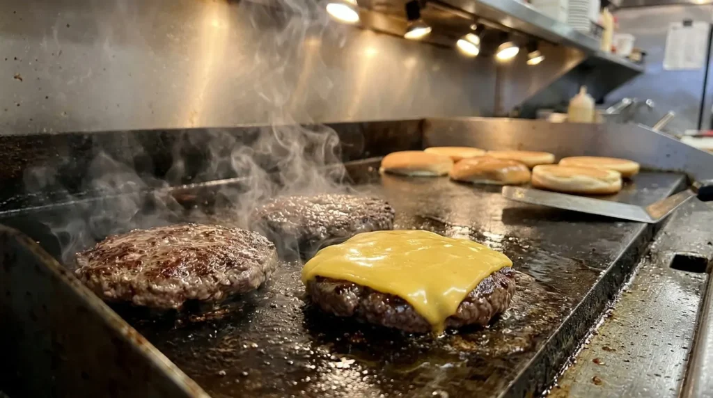 Juicy beef burger patties sizzling on a hot cast-iron griddle in a diner kitchen. Smoke and steam rising gently. One patty is topped with a perfectly melted square of American cheese