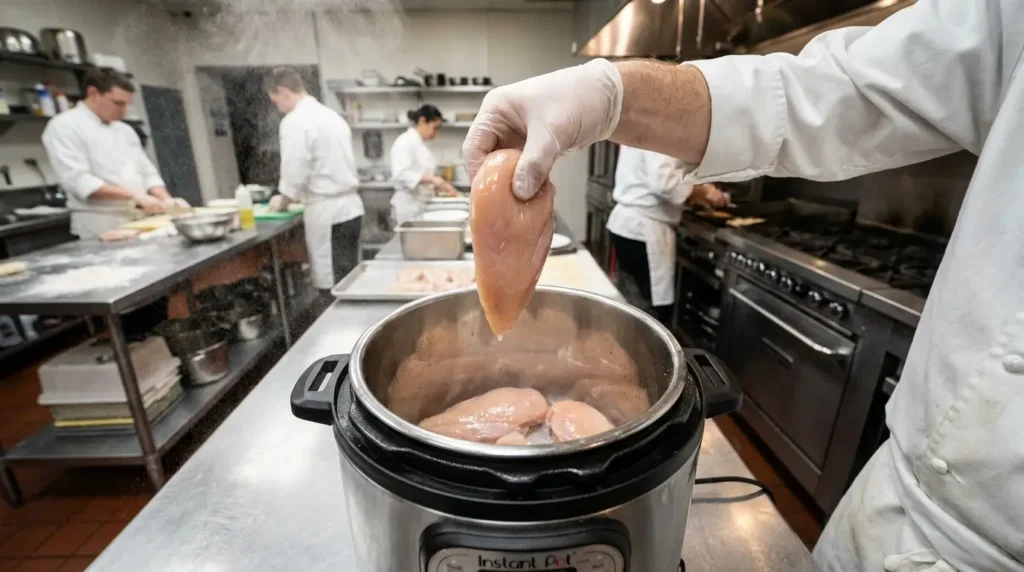 Placing chicken breasts in the Instant Pot for chicken taco meat.