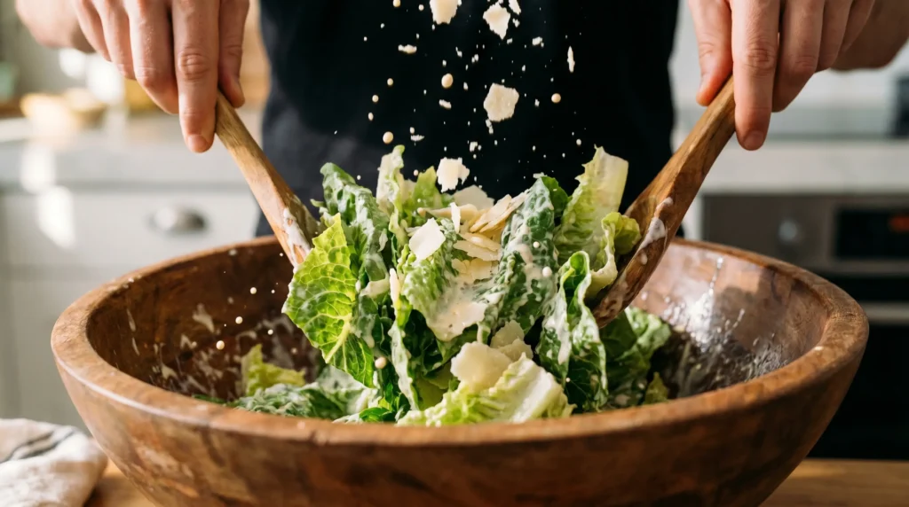 While the meat rests, toss your crisp Romaine lettuce with half of the dressing and a handful of Parmesan
