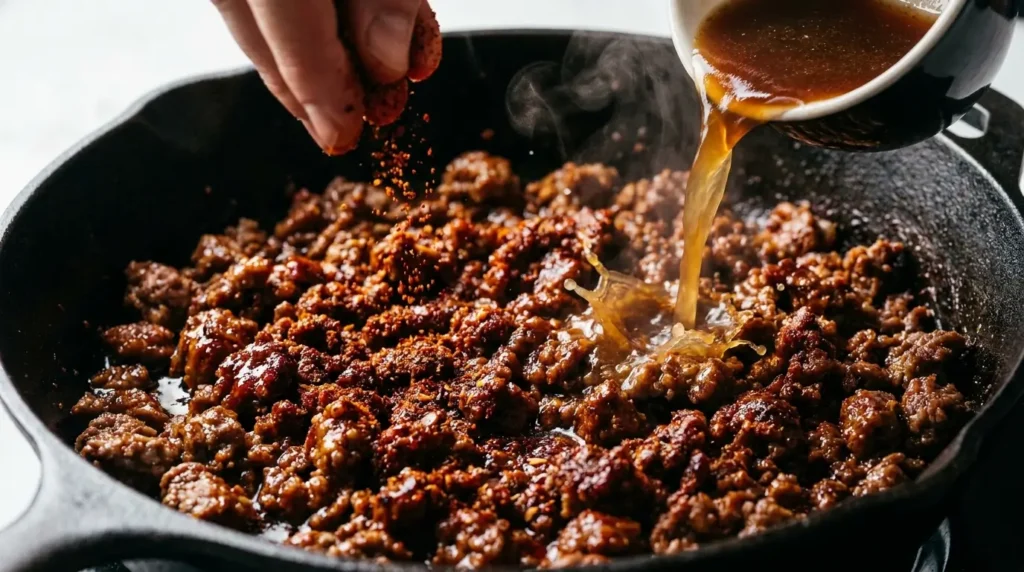 Adding a homemade mexican seasoning blend and beef broth to seared ground beef.