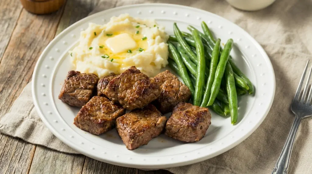 air fryer cube steak served with mashed potatoes and vegetables  