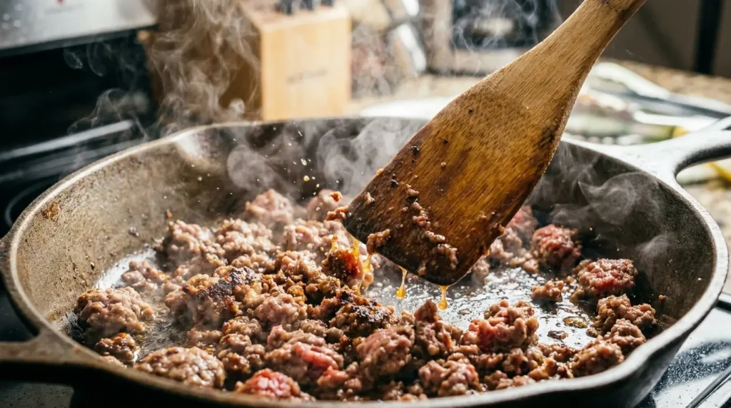Professional shot of browning ground beef in a skillet for the best taco meat texture.