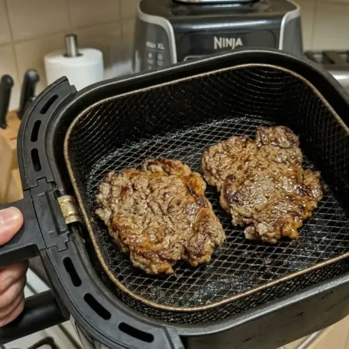 Cooking cube steaks in air fryer basket — golden brown crust