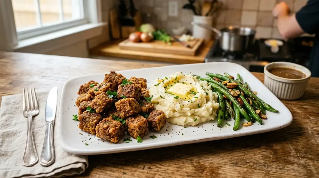 Cube steak dinner recipe served with mashed potatoes — easy steak dinner idea ready in under 15 minutes