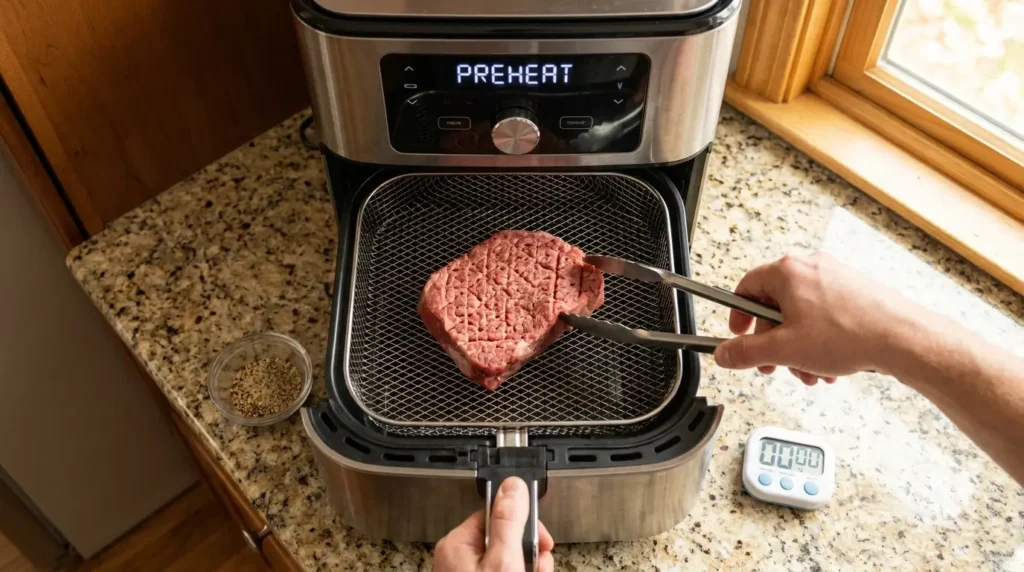 cube steak placed in air fryer basket before cooking  