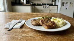 Cube steak in air fryer on a white plate — tender and juicy air-fried steak with seasoning