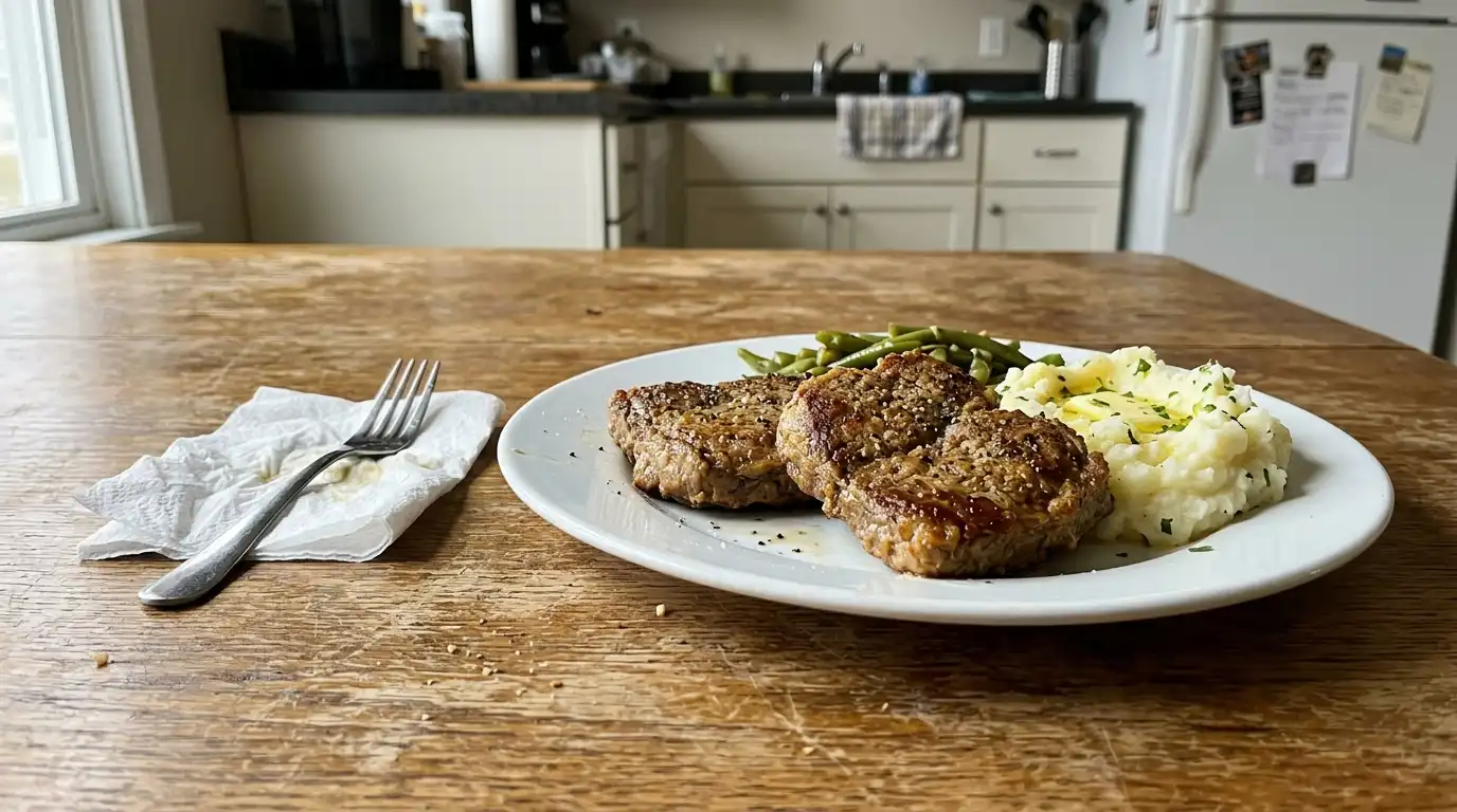 Cube steak in air fryer on a white plate — tender and juicy air-fried steak with seasoning