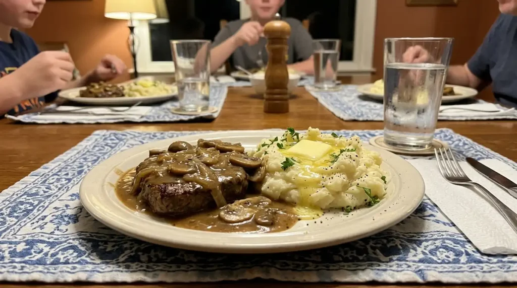Served cube steak with gravy and mashed potatoes — comforting home-cooked dinner