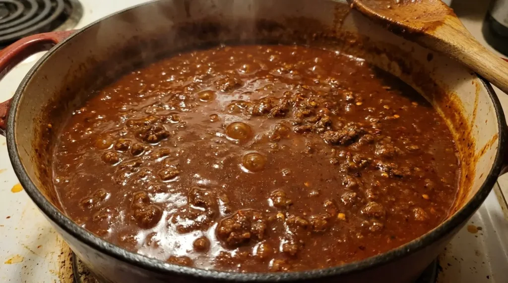 dark red beef chili simmering in a Dutch oven. The chili has a smooth, glossy gravy-like consistency with finely minced meat and no beans
