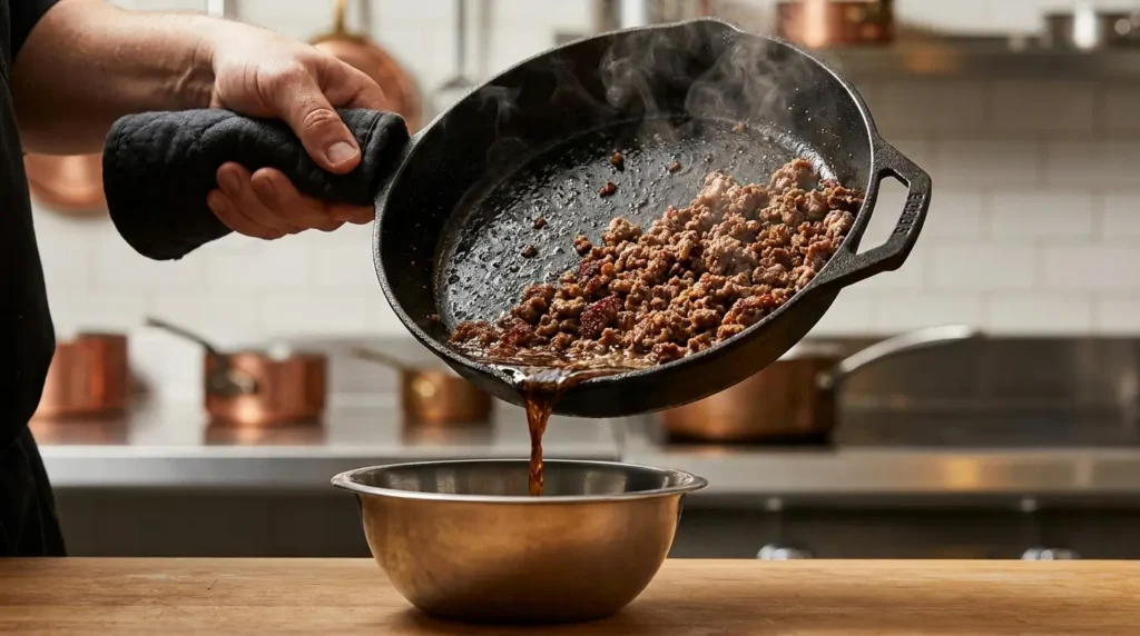Carefully draining excess grease and fat from browned ground beef in a skillet for a healthier taco meat recipe.