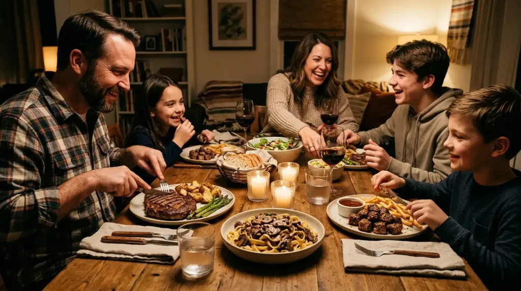 Family enjoying easy steak dinner recipes around the table — multiple steak dishes for a perfect dinner