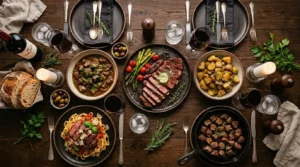  Easy steak dinner recipes — multiple delicious steak dishes on a dinner table including grilled steak garlic butter steak bites and steak pasta