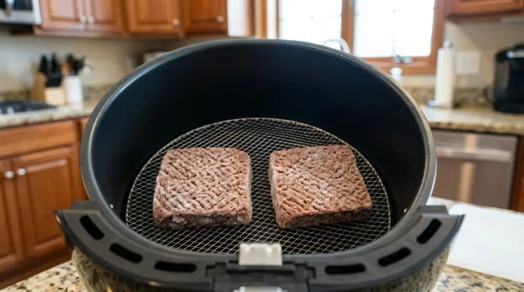 frozen cube steak cooking in air fryer  