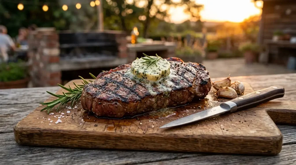 Grilled sirloin steak with herb butter on a cutting board — easy grilled steak dinner recipe