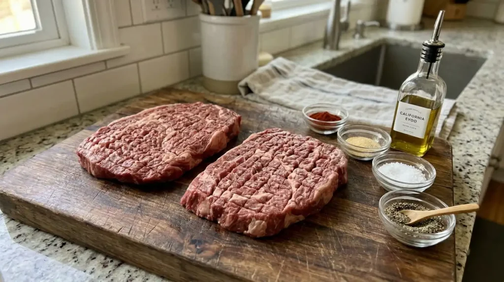 Ingredients for cube steak in air fryer — raw steaks, spices, and oil on kitchen counter