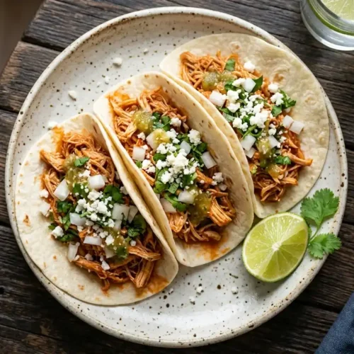 Three warm flour tortillas filled with easy shredded Instant Pot chicken tacos topped with fresh cilantro, diced onions, and lime wedges on a plate.