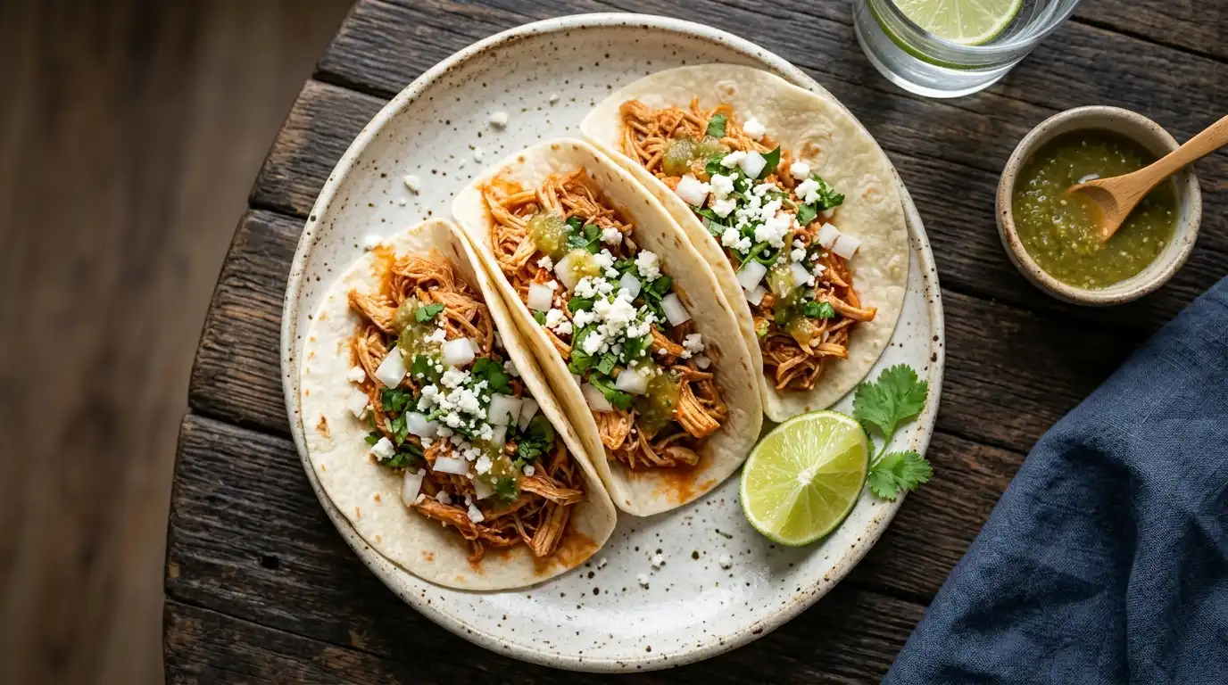 Three warm flour tortillas filled with easy shredded Instant Pot chicken tacos topped with fresh cilantro, diced onions, and lime wedges on a plate.