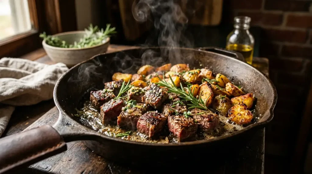 Garlic steak bites and potatoes in a cast iron skillet — quick and easy steak dinner recipe ready in 20 minutes