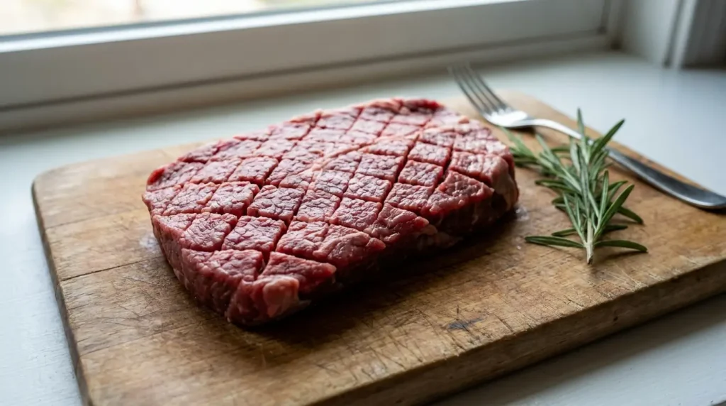 raw cube steak on cutting board showing tenderized texture  