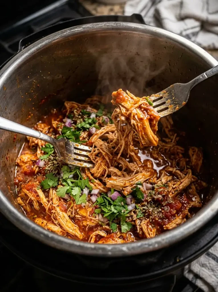 Shredded Instant Pot chicken taco meat simmering and thickening in a rich red salsa glaze inside the pressure cooker pot using two metal forks.