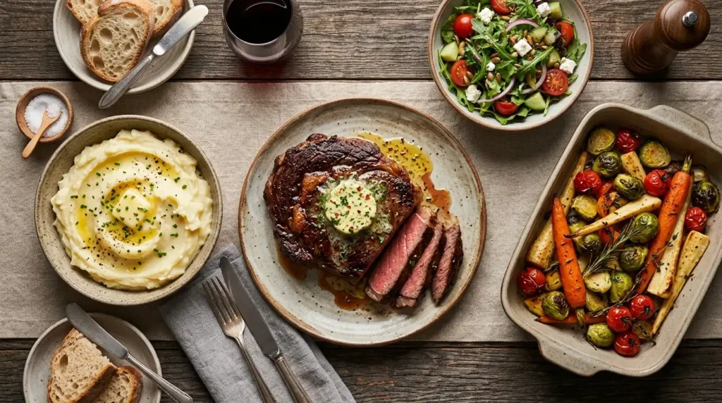 Steak dinner with herb butter and side dishes — mashed potatoes roasted vegetables and salad for easy steak dinner recipes