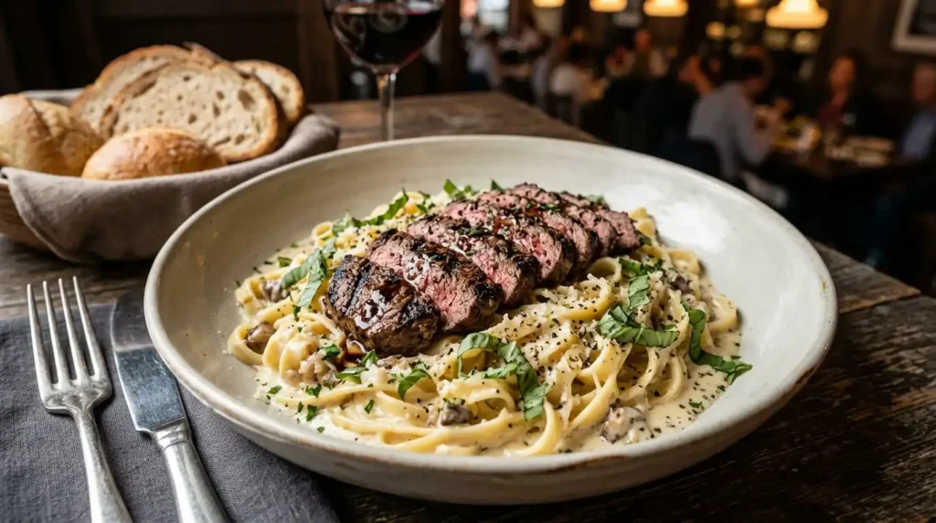 Creamy steak and pasta dinner recipe with sliced ribeye and Parmesan sauce — easy steak dinner idea