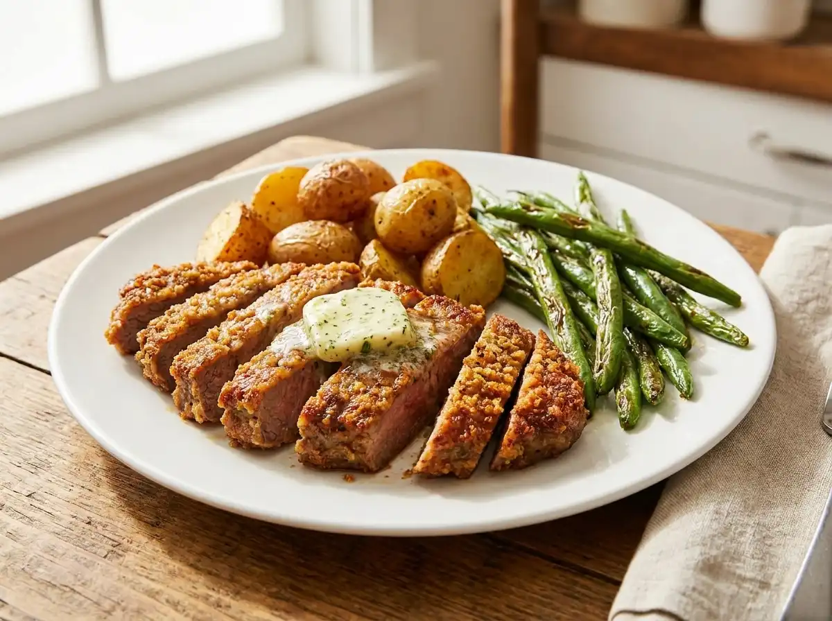 Tender cube steak cooked in the air fryer with potatoes and green beans