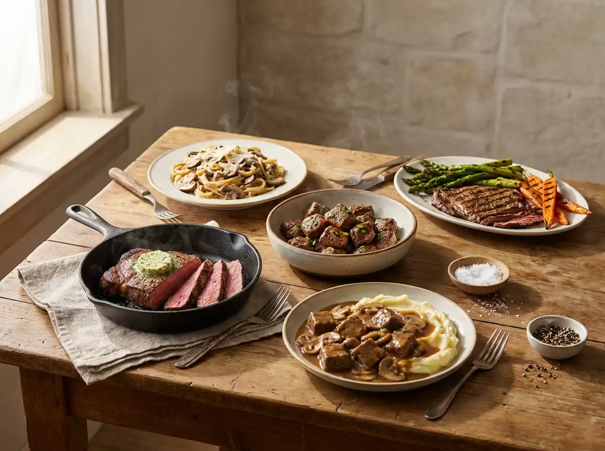 Easy steak dinner recipes including grilled steak, steak bites and steak pasta