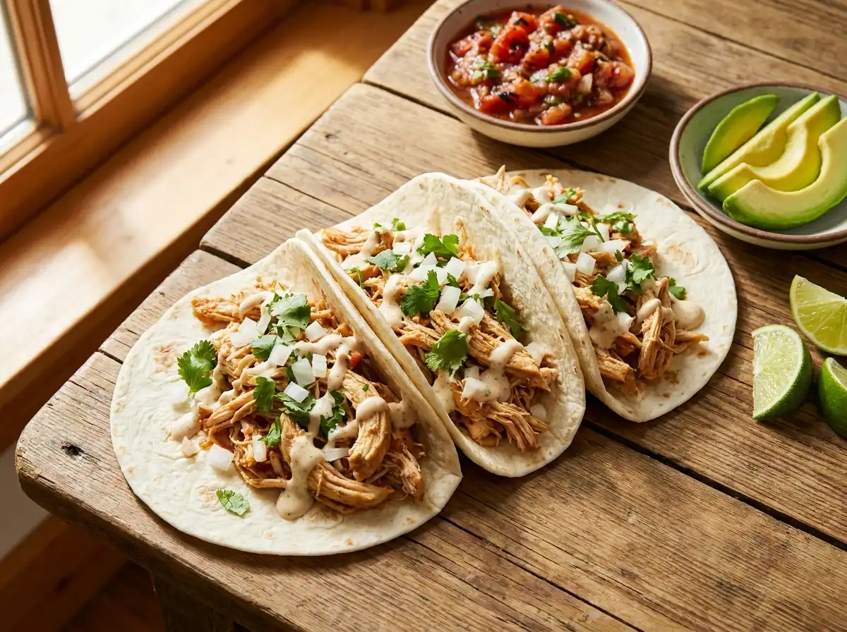 Instant Pot shredded chicken tacos with cilantro, onions and lime